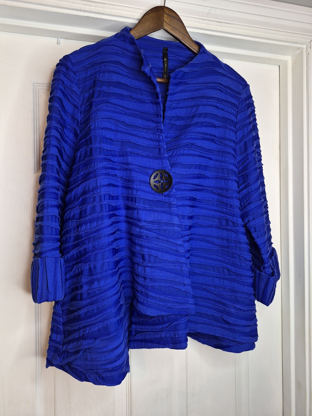 IC By Connie K Womens Royal Blue Textured Jacket with Button XL asymmetrical